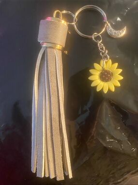 Sunflower Charm Beige Tassel w/ Crescent Moon Keychain or Bag Charm